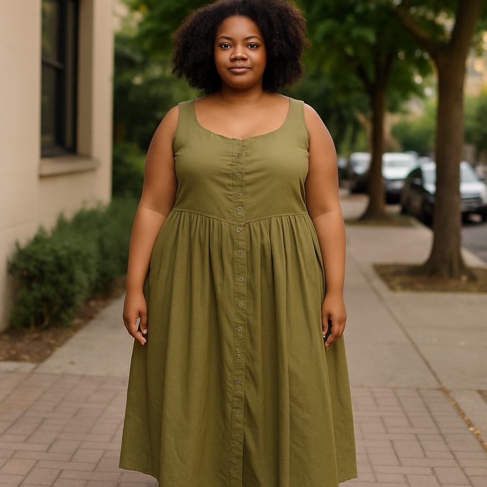Olive Green Sleeveless Button-Down Dress